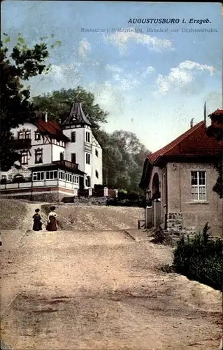 Ak Augustusburg im Erzgebirge, Restaurant Waldfrieden, Bahnhof zur Drahtseilbahn