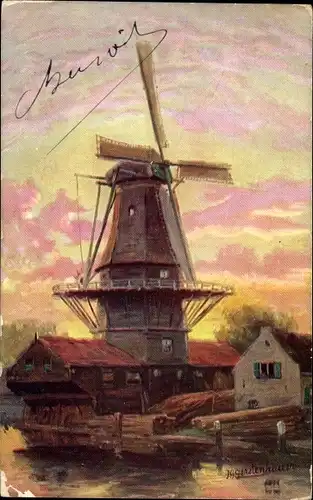 Künstler Ak Gerstenhauer, Johann, Blick auf die Windmühle, Fluss