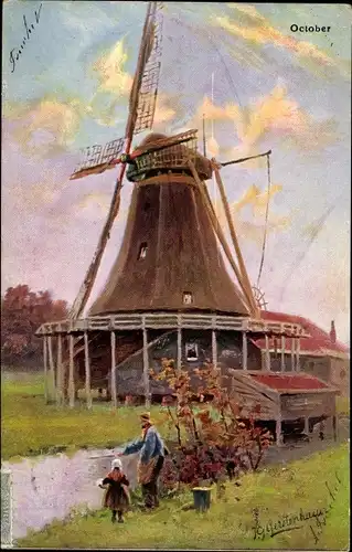 Künstler Ak Gerstenhauer, Johann, Blick auf die Windmühle, Fluss, Bauern