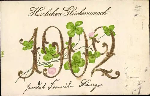 Präge Litho Glückwunsch Neujahr, Jahreszahl 1902, Kleeblätter