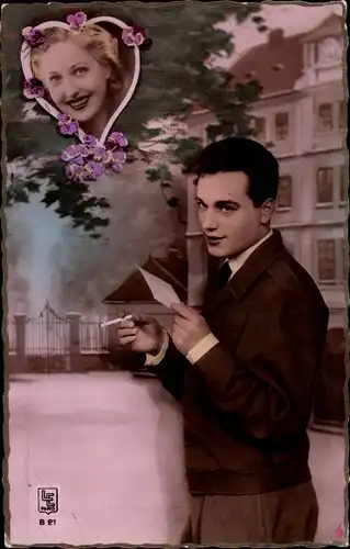 Ak Zigarette rauchender Mann, Frauenportrait