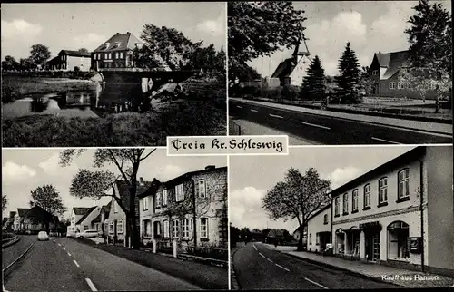 Ak Treia an der Treene, Kaufhaus Hansen, Straße, Kirche, Brücke