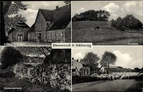 Ak Dannewerk in Schleswig Holstein, Gasthaus Rothenkrug, Thyraburg, Waldemarsmauer, Schafherde