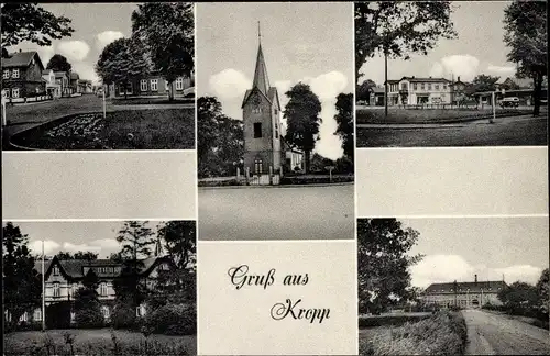 Ak Kropp in Schleswig Holstein, Kirche, Schule, Straßenpartie