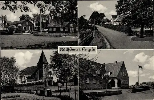 Ak Rüllschau Maasbüll in Schleswig Holstein, Teilansicht, Kirche, Schule