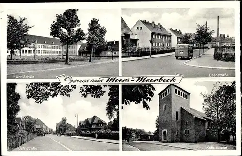 Ak Moers am Niederrhein, Uhr Schule, Eisenstraße, Kath. Kirche, Jahnstraße