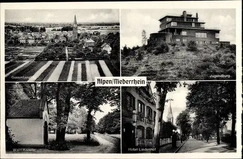 Ak Alpen Niederrhein, Gesamtansicht, Jugendburg, Hotel Lindenhof, Wald Kapelle