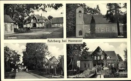 Ak Fuhrberg Burgwedel Niedersachsen, Kirche, Forstamt, Dorfplatz, Pension F. Garms