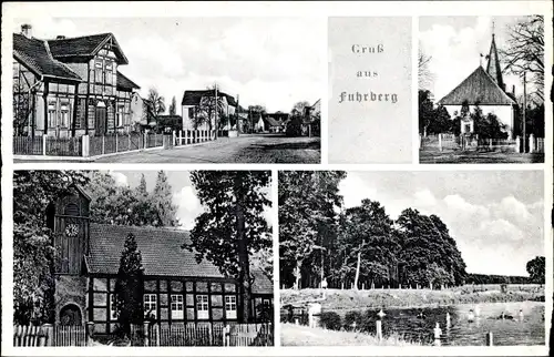 Ak Fuhrberg Burgwedel Niedersachsen, Kirche, Freibad, Fachwerkhaus, Dorfpartie