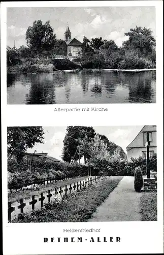 Ak Rethem an der Aller, Allerpartie mit Kirche, Heldenfriedhof