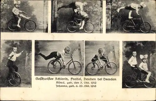 Ak Deuben Freital Sachsen, Geschwister Schieritz, Kunstmeisterfahrer, Kunstrad, Fahrrad