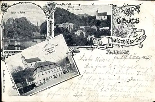 Ak Tharandt im Erzgebirge, Gasthaus zum Thalschlösschen, Bes. Carl. Stange, Teich mit Ruine