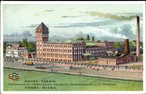 Litho Gröba Riesa an der Elbe Sachsen, Seifen Fabrik, Schornstein, Fertigungshalle