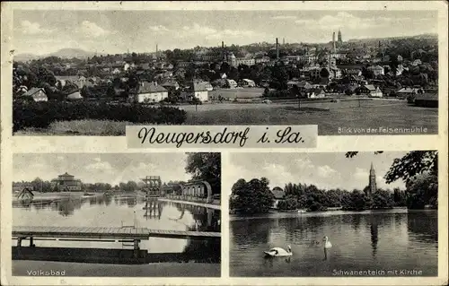 Ak Neugersdorf in der Lausitz, Panorama, Volksbad, Kirche, Schwanenteich