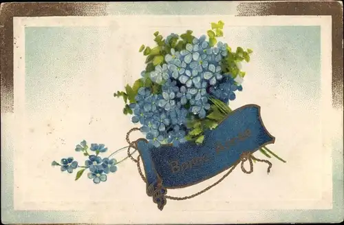 Litho Glückwunsch Neujahr, Vergissmeinnicht