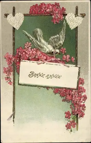 Präge Litho Glückwunsch Neujahr, Taube, rosa Blüten