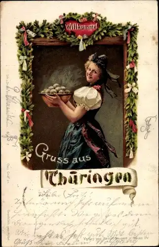 Litho Gruß aus Thüringen; Frau in Tracht mit Klößen