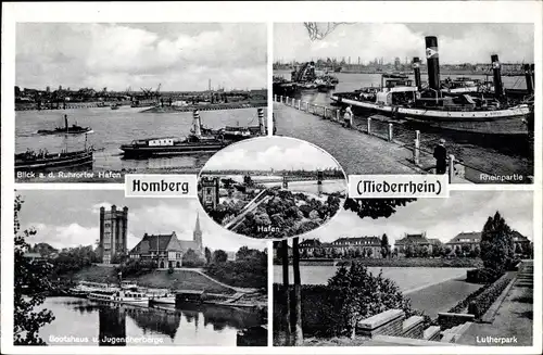 Ak Homberg Duisburg im Ruhrgebiet, Rheinpartie, Binnenschiff, Hafen, Bootshaus, Jugendherberge