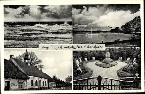 Ak Vogelsang Grünholz Damp in Schleswig, Meeresblick, Sportplatz, Kriegerehrenmal, Damper Stift