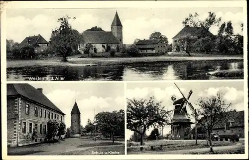 Ak Westen Dörverden Niedersachsen, Kirche, Dorf, Schule, Windmühle