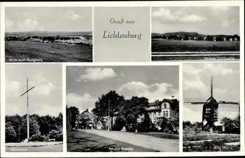 Ak Lichtenberg Salzgitter in Niedersachsen, Schule, Ehrenmal, Windmühle, Totalansicht