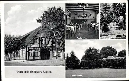 Ak Sankt Hülfe Diepholz Niedersachsen, Gasthof Lohaus, Jagdzimmer, Tennisplatz, Garten