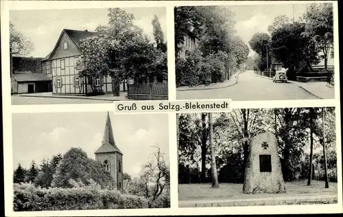 Ak Blekenstedt Salzgitter in Niedersachsen, Denkmal, Kirche, Straßenpartie