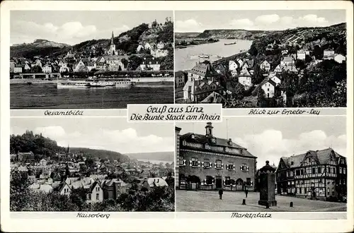 Ak Linz am Rhein im Kreis Neuwied, Gesmtbild, Blick zur Erpeler Ley, Kaiserberg, Marktplatz