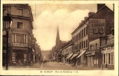 Ak Elbeuf Seine Maritime, Rue de Neubourg, Reklame Petit Beurre