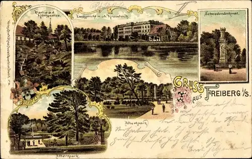 Ak Litho Freiberg in Sachsen, Schwedendenkmal, Landgericht, Kreuzteich, Königsallee, Albertpark