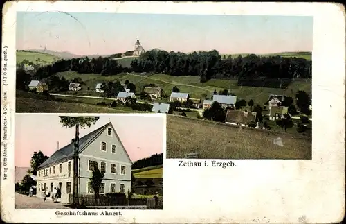 Leuchtfenster Ak Zethau Mulda im Erzgebirge, Geschäftshaus, Blick auf den Ort