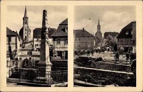 Ak Berggießhübel in Sachsen, Platz an der Brücke, vor und nach der Katastrophe vom 8./9. Juli 1927