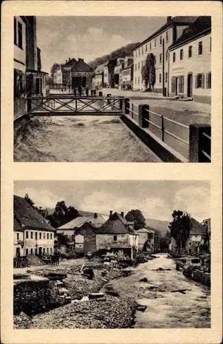 Ak Berggießhübel, Hauptstraße, Fluss, Brücke, Hochwasser am 08/09. Juli 1927