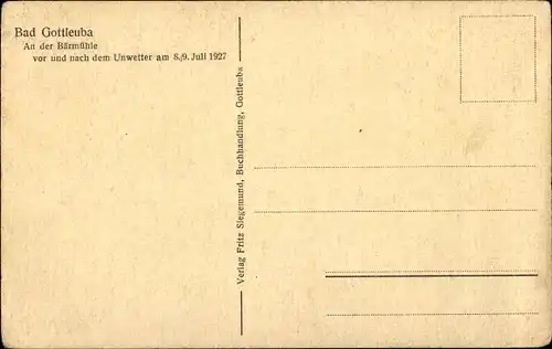 Ak Bad Gottleuba in Sachsen, Partie an der Bärmühle, vor und nach Unwetter 8./9. Juli 1927