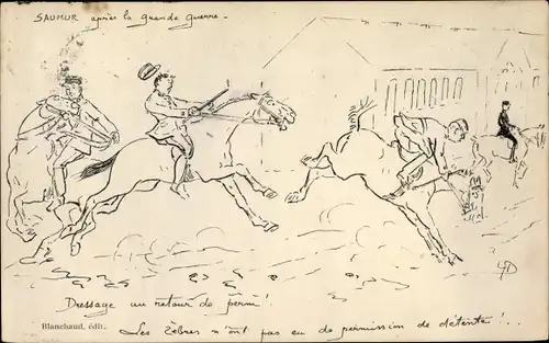 Künstler Ak Saumur Maine et Loire, Reiter und ungehorsame Pferde