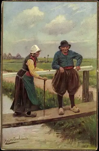 Künstler Ak Gerstenhauer, Johann, Bauern auf der Brücke, Gehstock