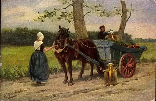 Künstler Ak Gerstenhauser, J. G., Dorfpartie, Bauern, Wagen, Transport, Milch