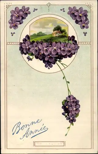 Präge Litho Glückwunsch Neujahr, Landschaft, Veilchen