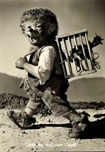 Ak Mecki der Igel, Jeder hat mal einen Vogel, Vogelkäfig