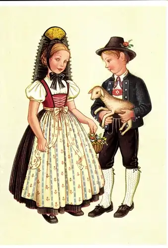 Ak Erneuerte Festtracht für Oberstdorf, Junge und Mädchen in bayrischer Tracht, Lamm