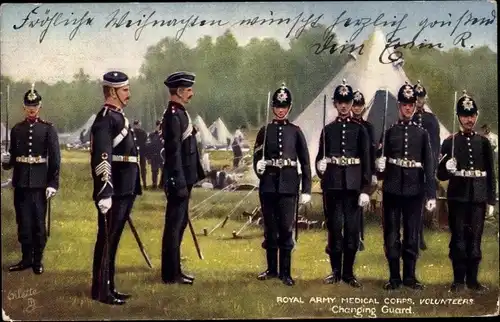 Künstler Ak Royal Army Medical Corps, Volunteers, Changing Guard, Britische Soldaten