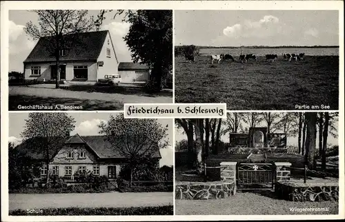 Ak Friedrichsau Jübek Schleswig Holstein, Geschäft A. Bendixen, Seepartie, Kriegerehrenmal, Schule