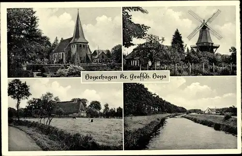 Ak Hoyerhagen in Niedersachsen, Geschäft D. Höper, Windmühle, Kirche, Flussblick