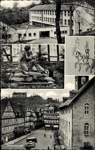 Ak Spangenberg in Hessen, Marktplatz und Schlossberg, Statue, Gebäude