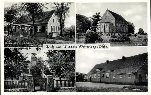 Ak Westerloog Middels Aurich in Ostfriesland, Kirche, Schule, Ehrenmal, Geschäft