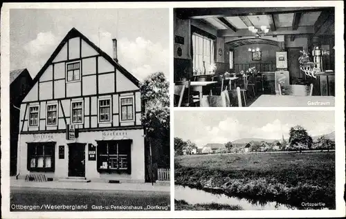 Ak Ottbergen Höxter an der Weser, Gasthaus Dorfkrug, Innenansicht, Ortspartie