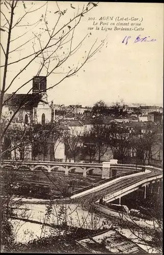 Ak Agen Lot et Garonne, Le Pont en ciment arme sur la Ligne Bordeaux Cette