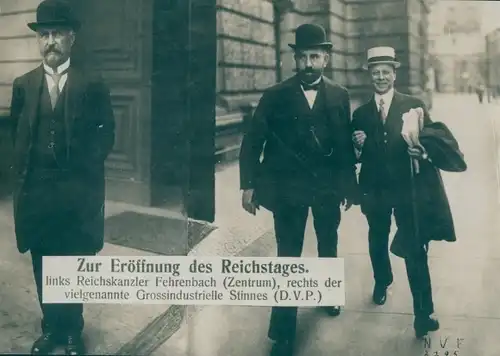 Foto Reichskanzler Constantin Fehrenbach, Zentrumspartei, Großindustrieller Hugo Stinnes, DVP