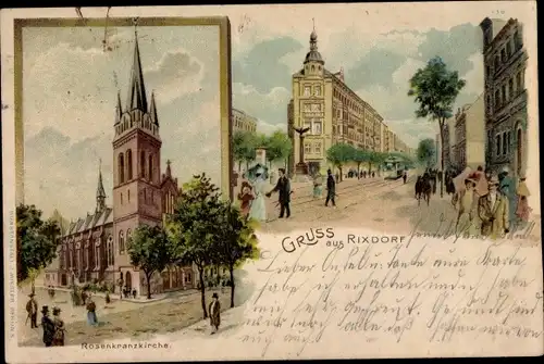 Litho Berlin Neukölln Rixdorf, Rosenkranzkirche, Straßenpartie