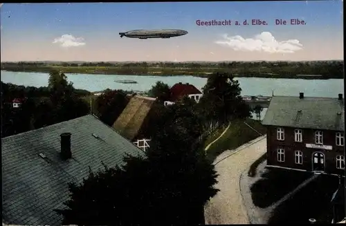 Ak Geesthacht an der Elbe, Teilansicht der Ortschaft mit Zeppelin